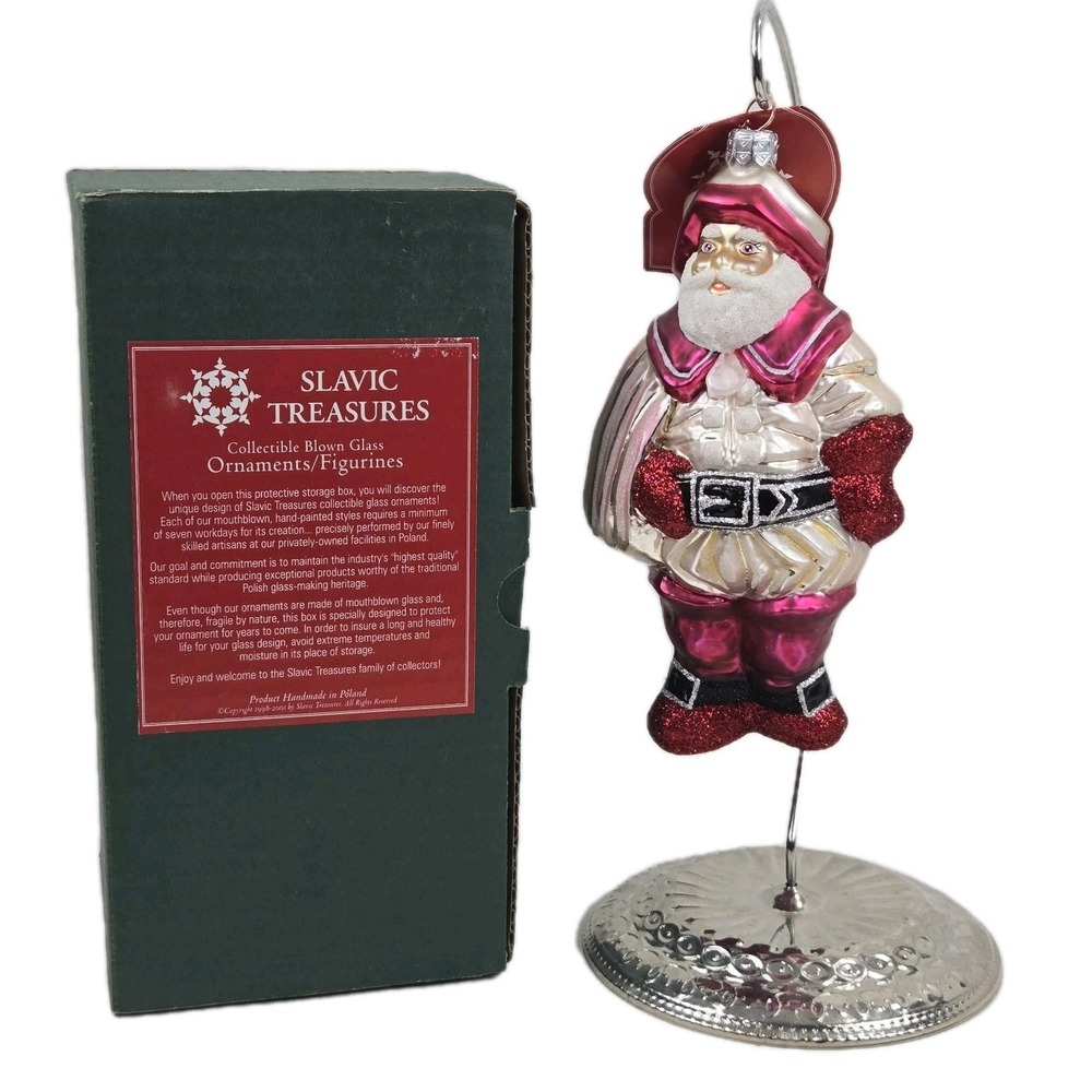 Vtg Slavic Treasures Rose Quartz Santa Glass Ornament 99-016A NOS Box Tags Pink